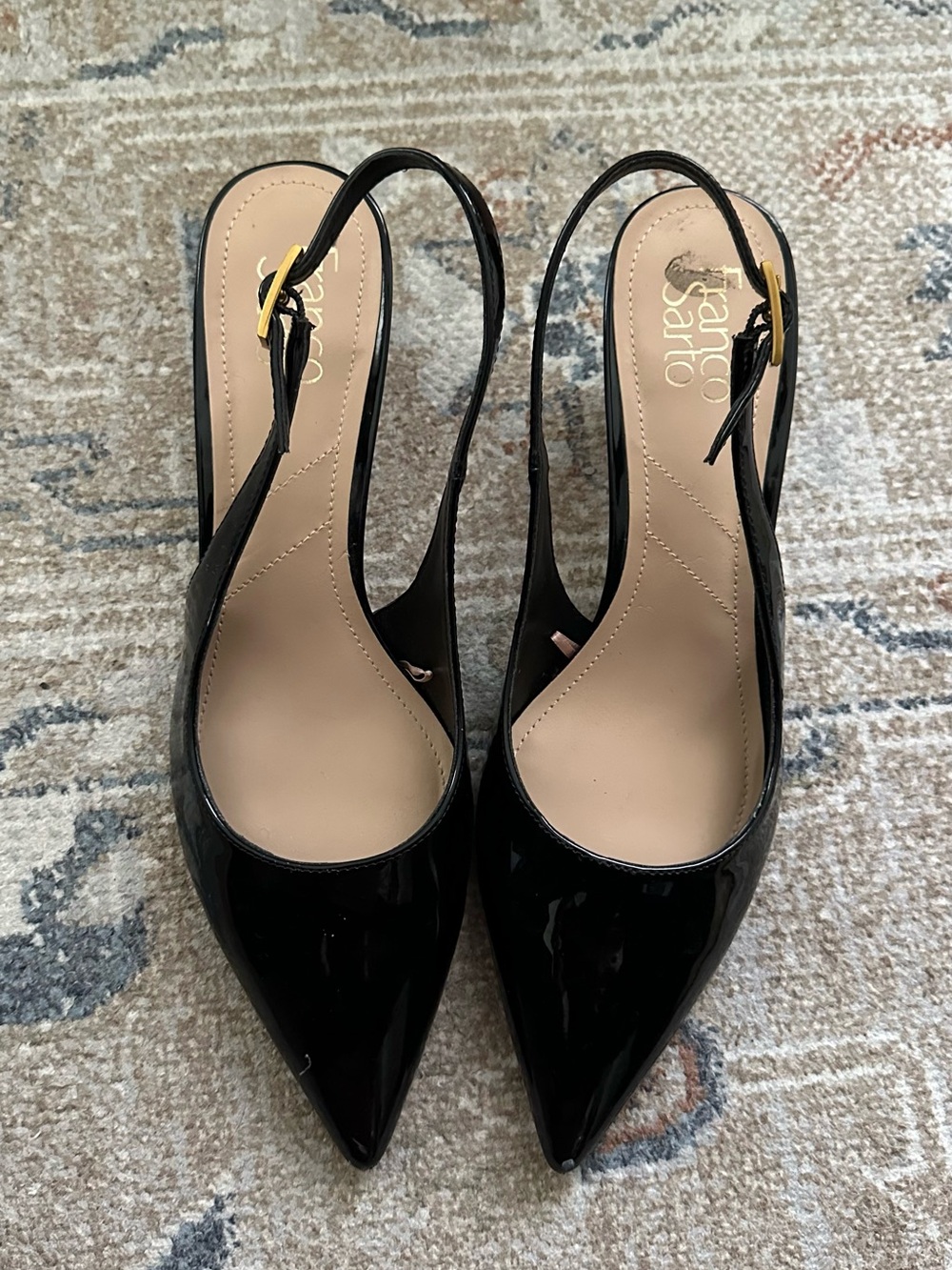 Franco Sarto Black Patent Slingback Pointed Pumps with Gold Buckle